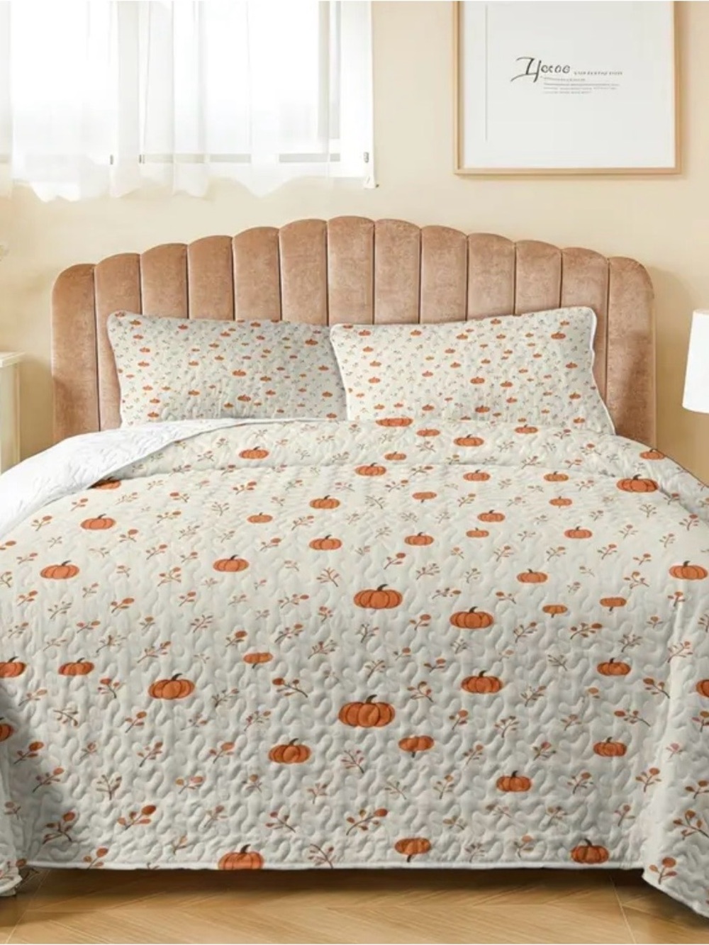 Pumpkin Print Quilted Bedspread Set - White & Orange